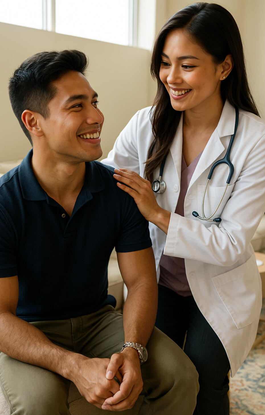 Smiling female doctor places hand on male patient's shoulder in a consultation, showing warmth and trust. Health Stat doctor comforting a male patient during a clinic visit, symbolizing personalized, compassionate care.