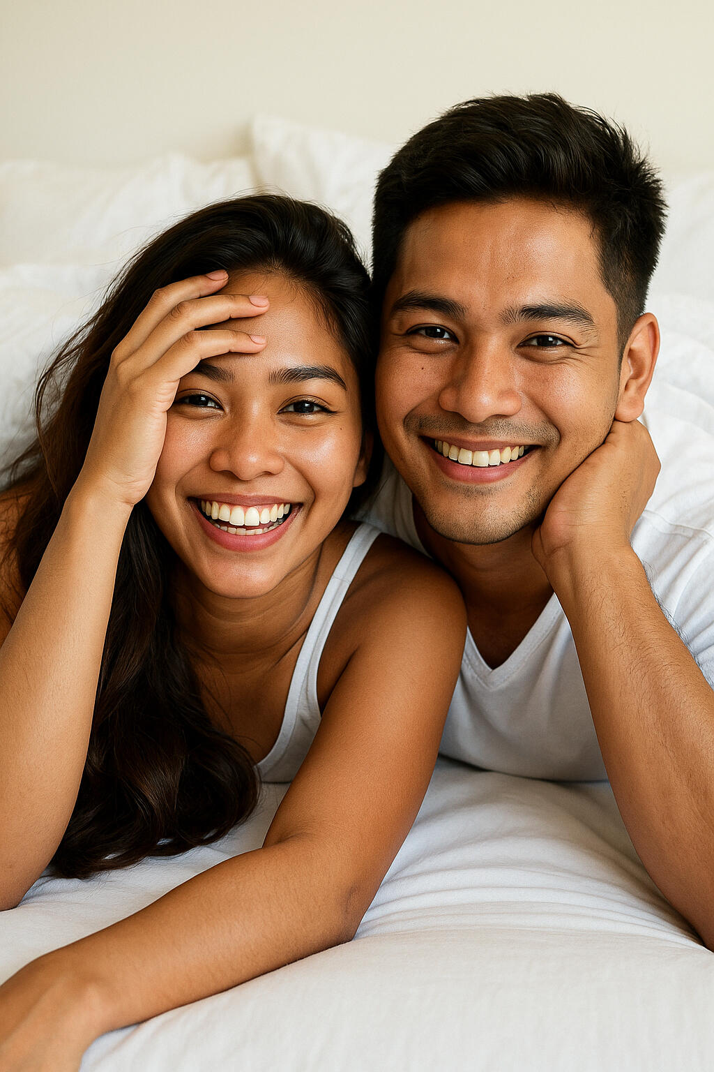 Happy couple smiling in bed, symbolizing trust and emotional wellness after STI screening at Health Stat Young Filipino couple lying in bed and smiling, representing privacy, confidence, and peace of mind from confidential STI / STD testing at Health Stat