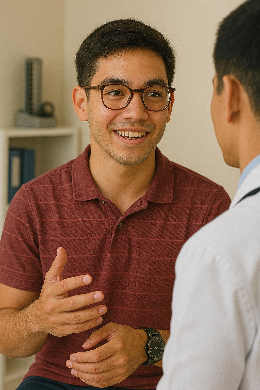 Patient Talking to a Doctor During a Medical Consultation Young man smiling while discussing health concerns with a doctor in a clinic setting