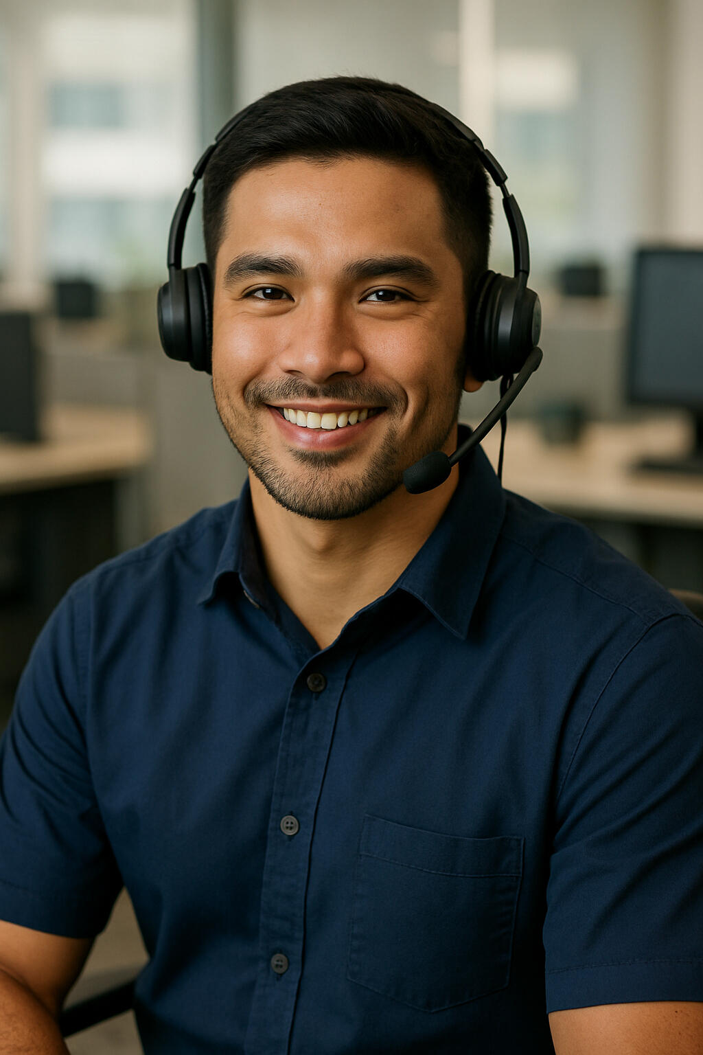 Smiling man in headset during medical clearance process for employment Male patient wearing a headset smiling in a clinic setting, representing Health Stat’s pre-employment medical services