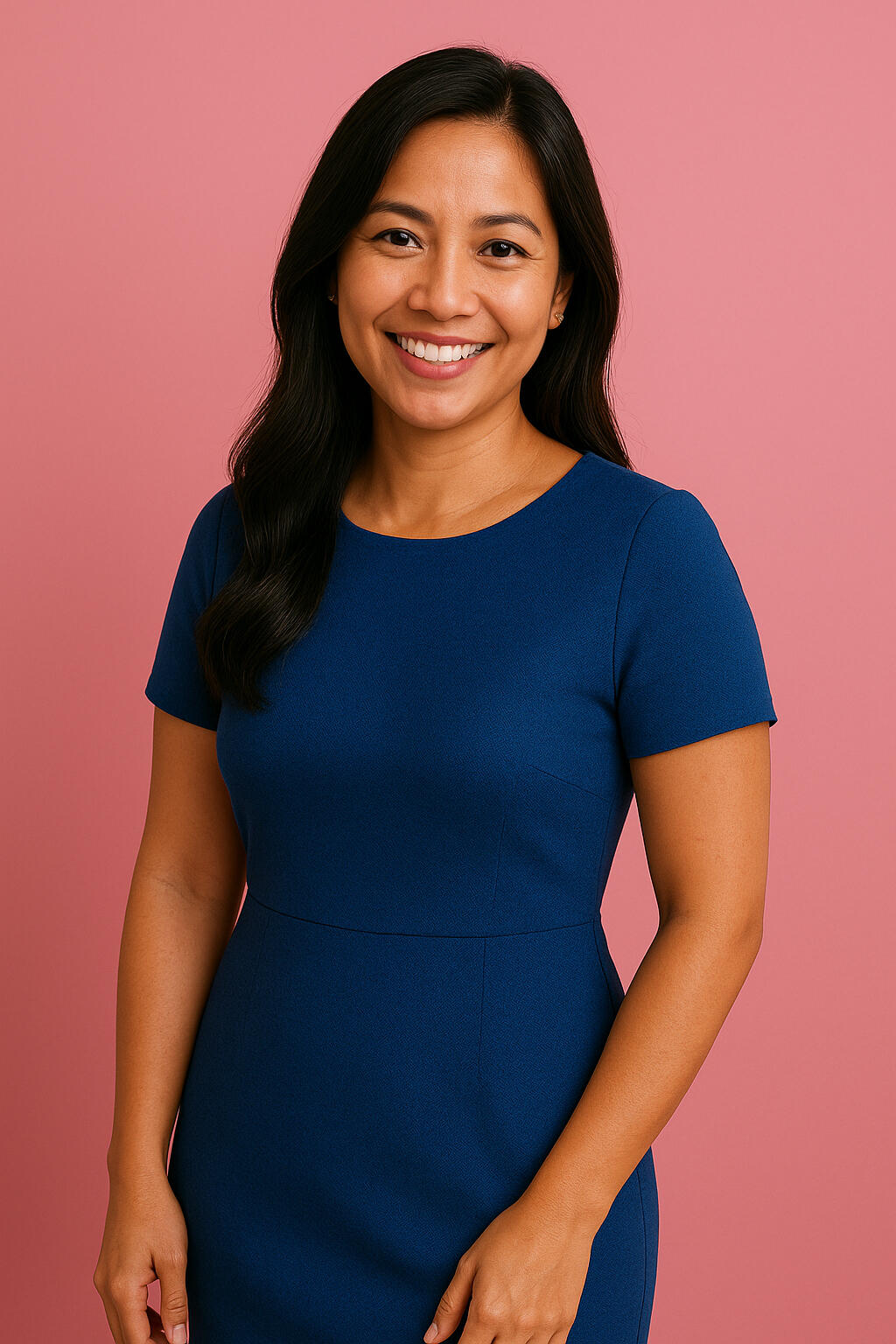Confident Filipina woman smiling after women's health consultation at Health Stat Filipina woman in a blue dress smiling warmly in front of a pink background, symbolizing comfort, strength, and professional care for women’s health at Health Stat